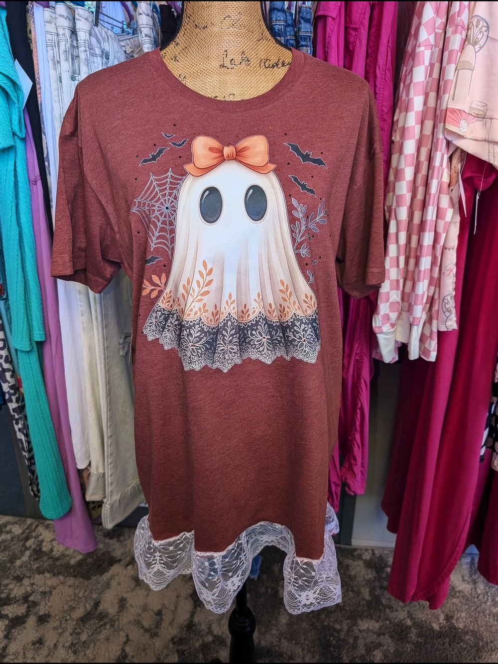 Women's Rust Brown Ghost Graphic Top with Lace Trim